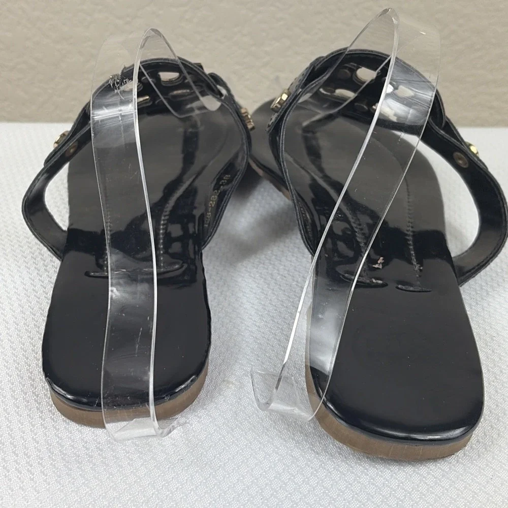 TORY BURCH MILLER SANDAL FLIP FLOP PATENT LEATHER BLACK SIZE 38 Gold T Medal